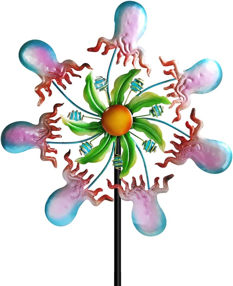 Senflame Jellyfish Wind Spinners - 39" Ocean-Themed Metal Wind Sculptures Garden Stake Art, 13.5” Windmill Yard Kinetic, Outdoor Decor for Patio & Lawn - Metal Beach Sculpture with Jellyfish Design - Image 1